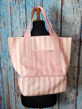 Victorias Secret Pink Striped Canvas Tote Bag with Insulated Base